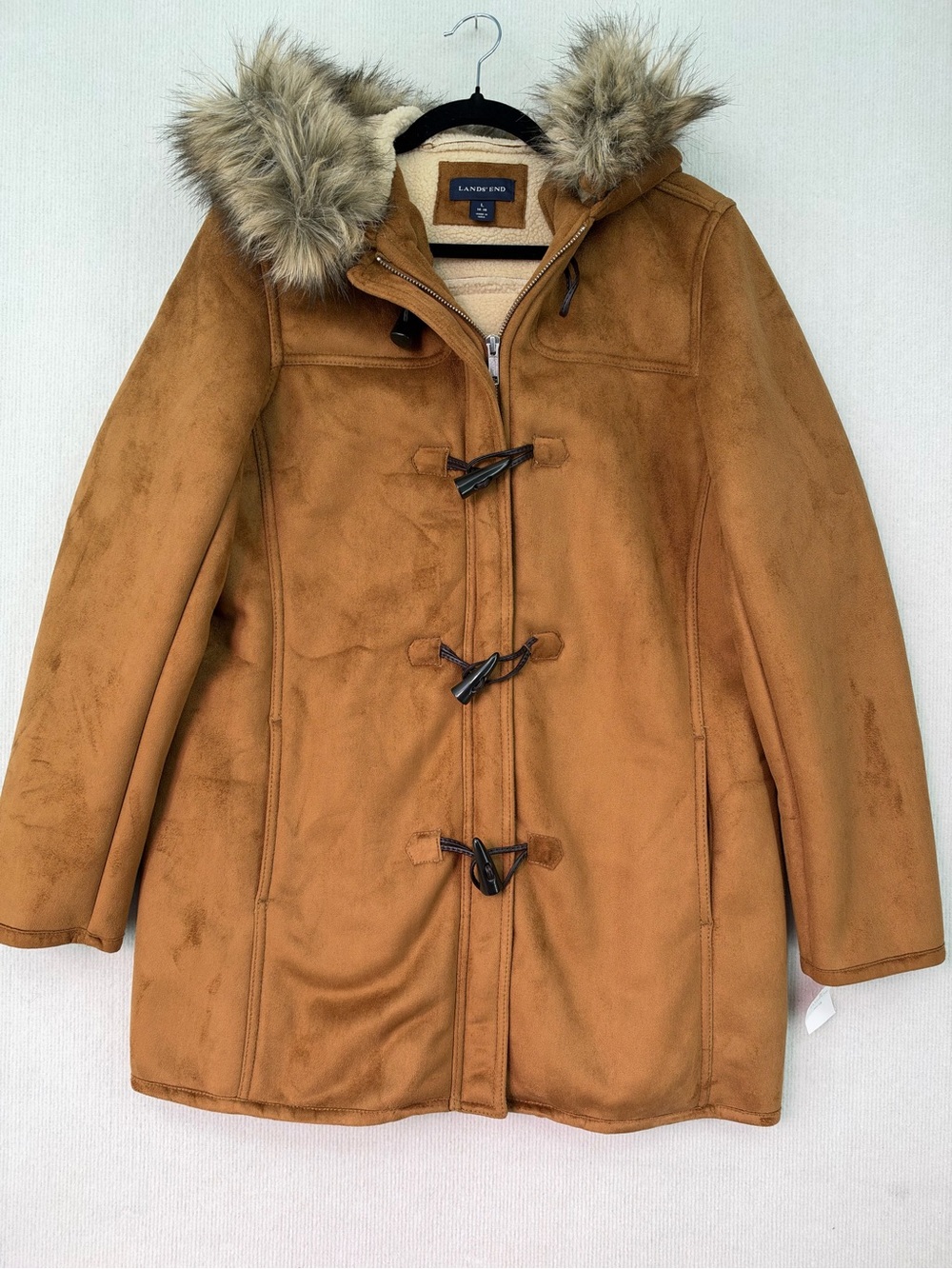 Lands' End Women's Tan Faux-Suede Toggle Coat with Faux-Fur Hood